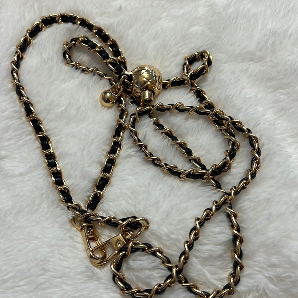 Chain for Wallet to Bag GOLD tone black leather with Gold ball adjustable chain